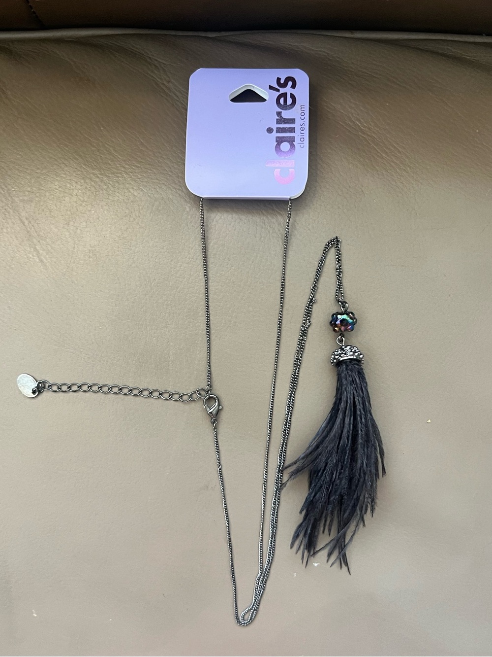 Claire's Gunmetal Chain Necklace with Black Feather Tassel and Iridescent Bead